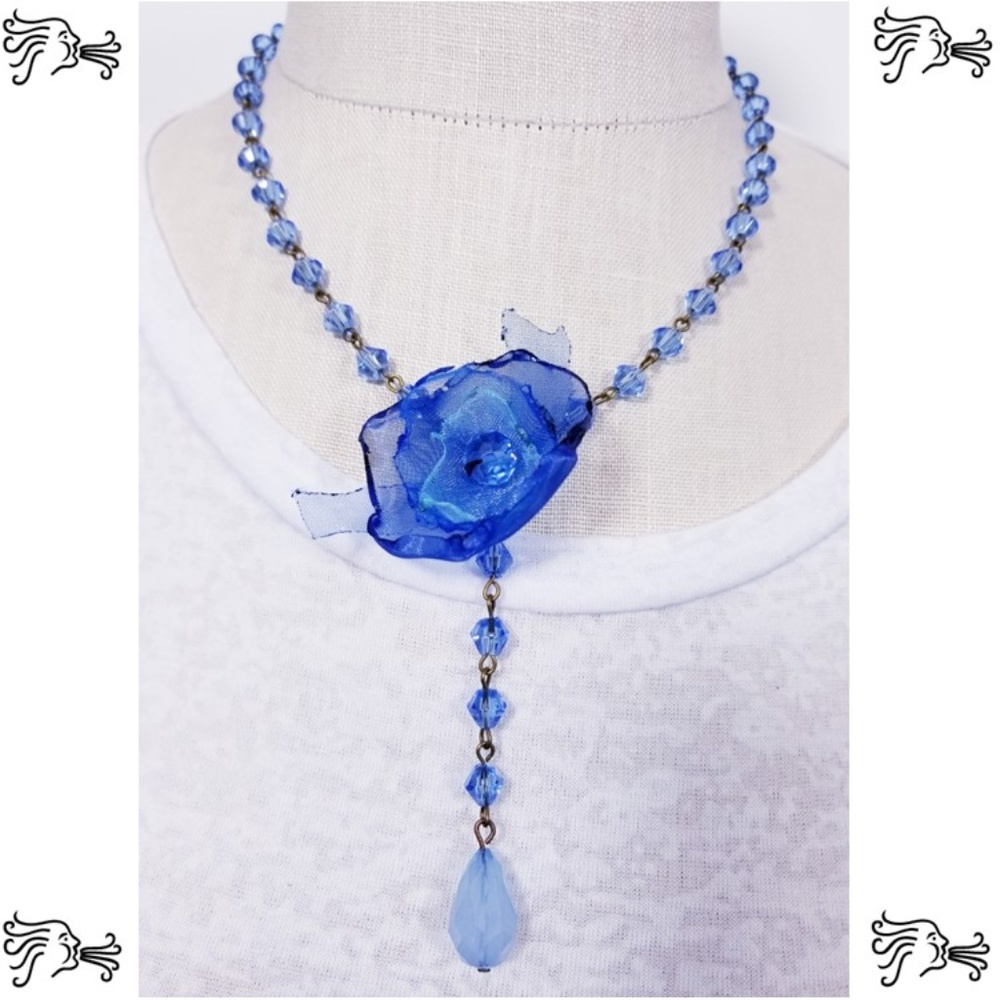 Y Necklace Blue Crystal Necklace Bronze Chain